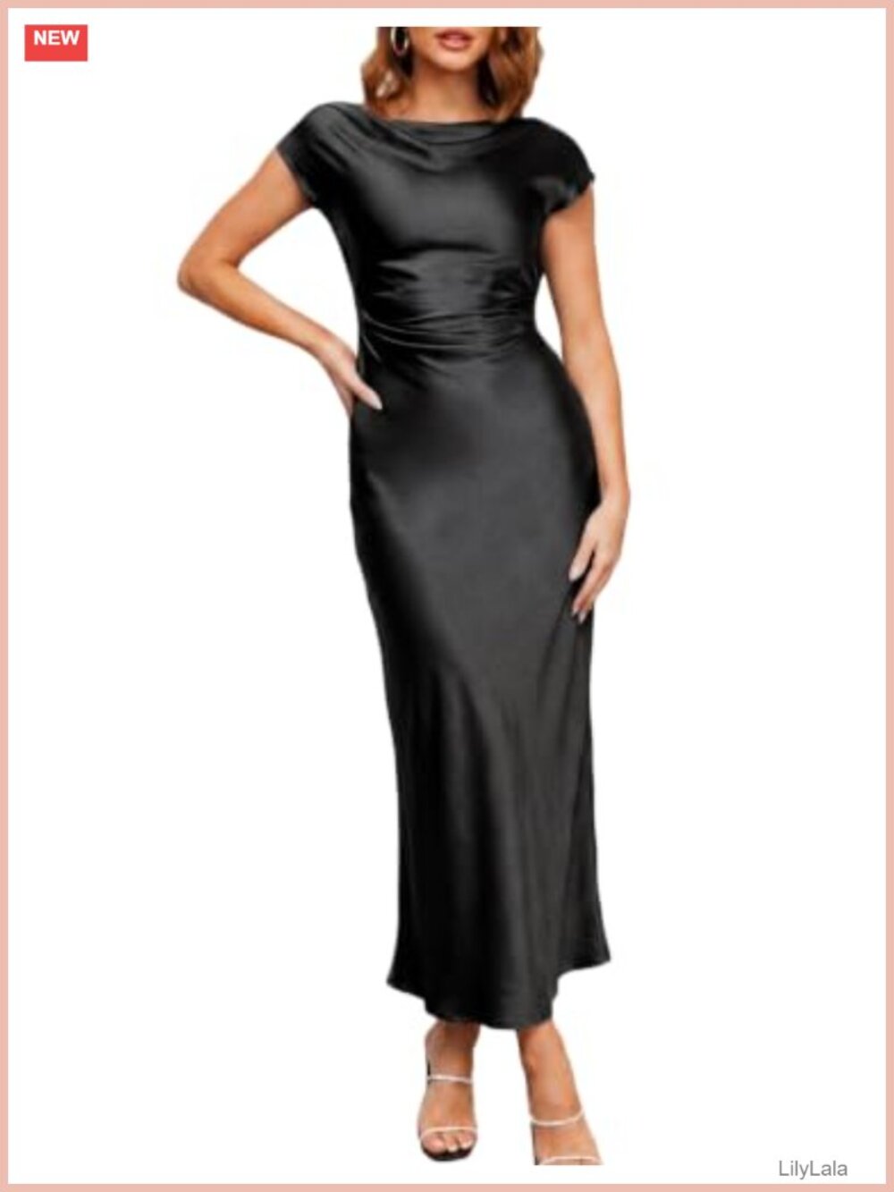 Satin Backless Midi Dress Cap Sleeve Cowl Neck Formal Cocktail